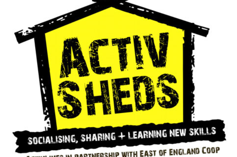 Logo of yellow and black shed. Text reads 'Activ Sheds socialising, sharing + learning new skills. ActivLives in partnership with East of England Coop.