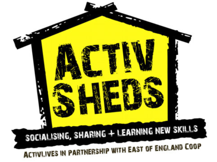 Logo of yellow and black shed. Text reads 'Activ Sheds socialising, sharing + learning new skills. ActivLives in partnership with East of England Coop.