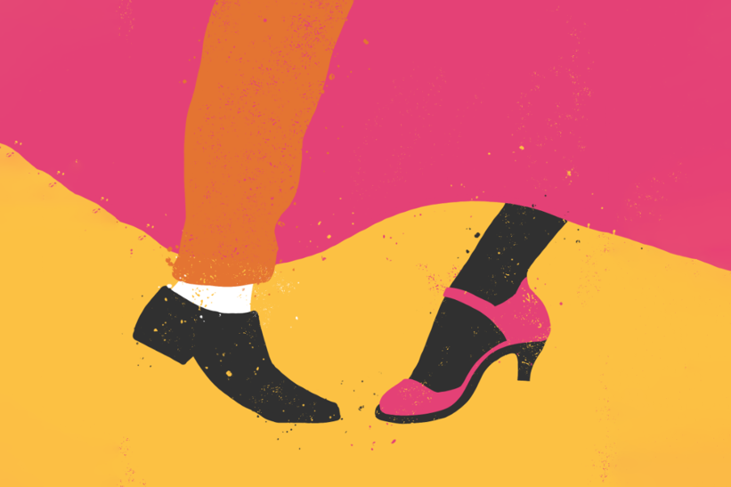 Illustration of a black show and a pink high heeled shoe