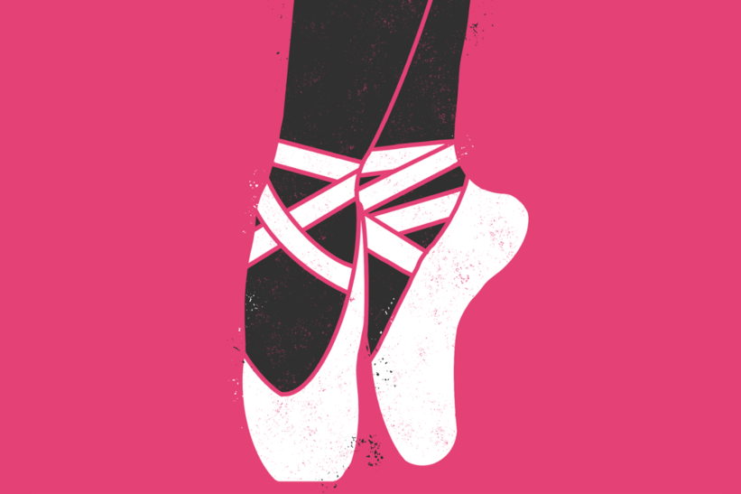 Illustration of feet wearing ballet shoes on a pink background