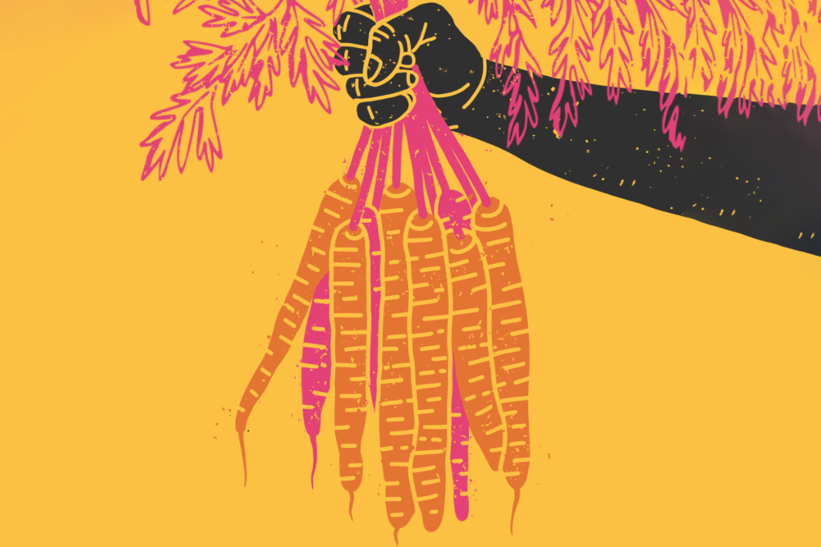 Illustration of a hand holding a bunch of carrots