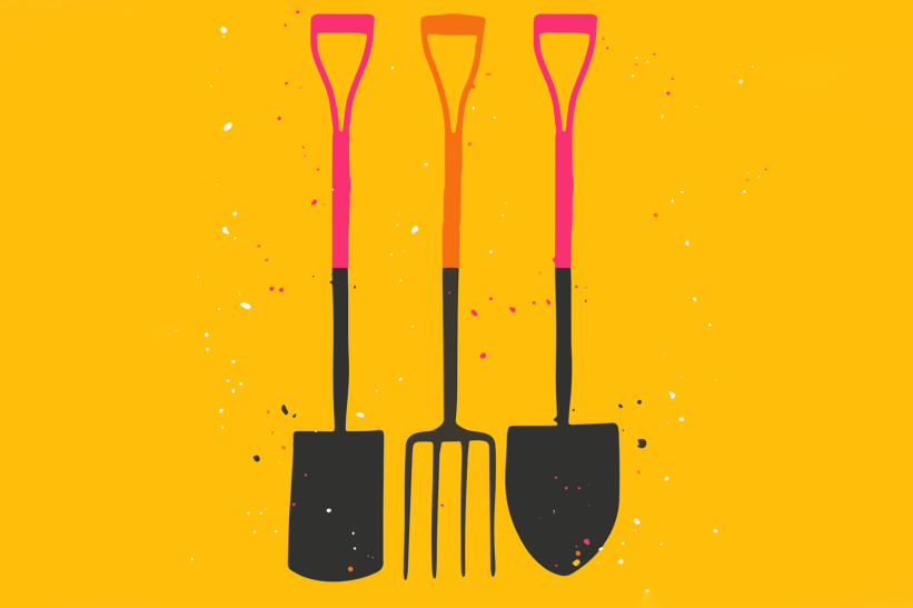 An illustration of three garden tools on a yellow background