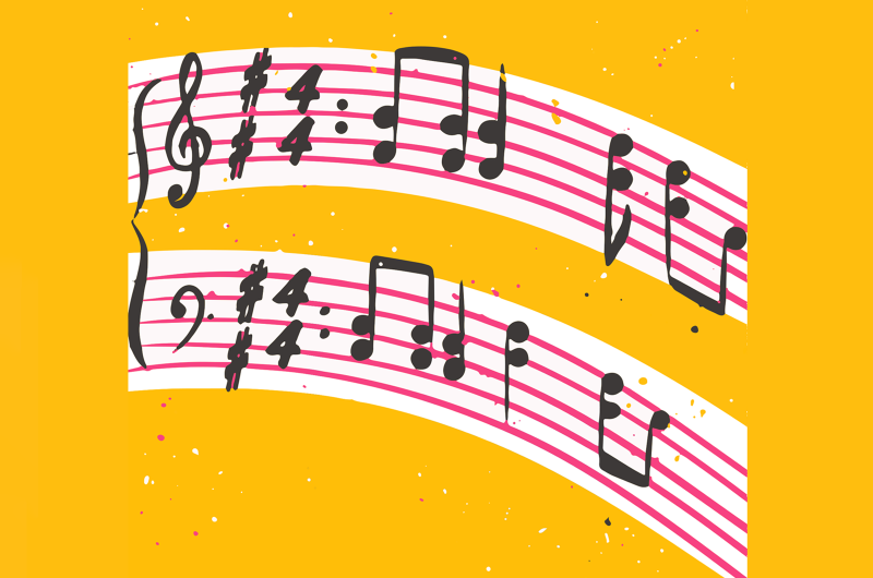 Illustration of musical score on a yellow background