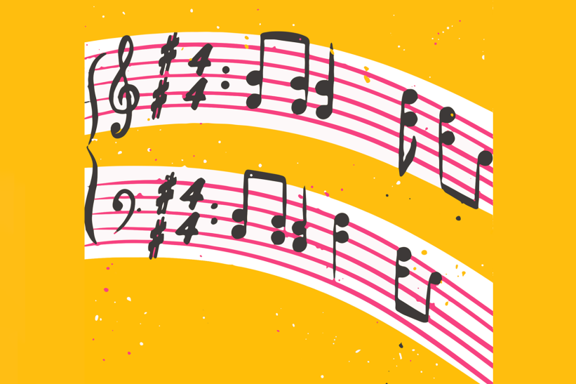 Illustration of musical score on a yellow background