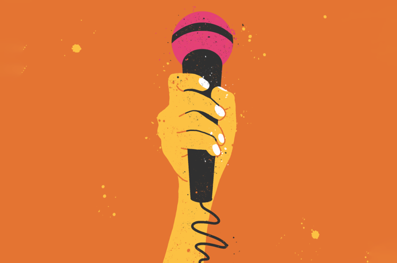 Illustration of a hand holding a microphone