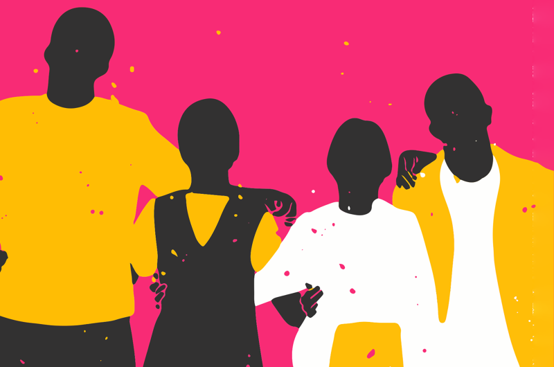 Illustration of black silhouettes wearing yellow and white clothing on a pink background