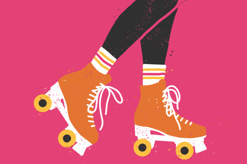 Illustration of rollerskates in pink, orange and yellow