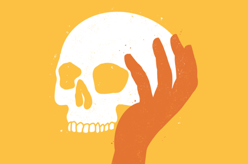 Illustration of a hand holding a skull