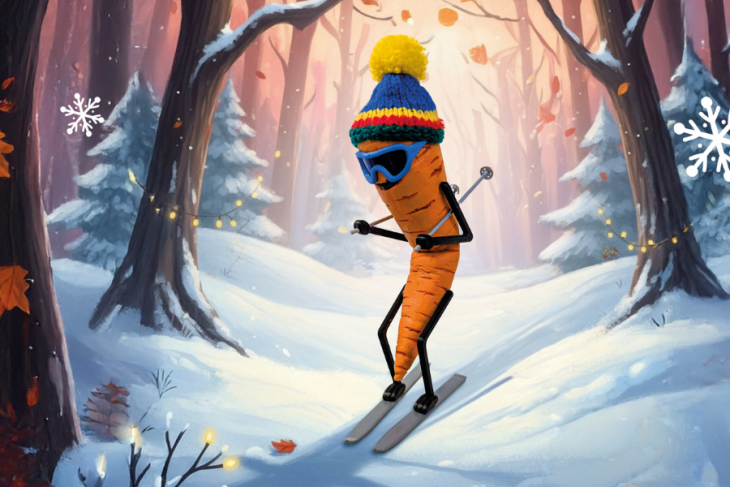A carrot skiing in a forest wearing a woolly hat