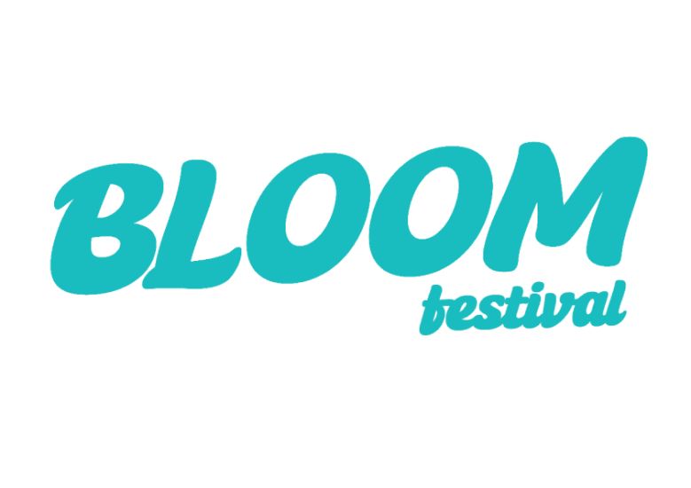 Blue text reads 'BLOOM festival' on a white background.