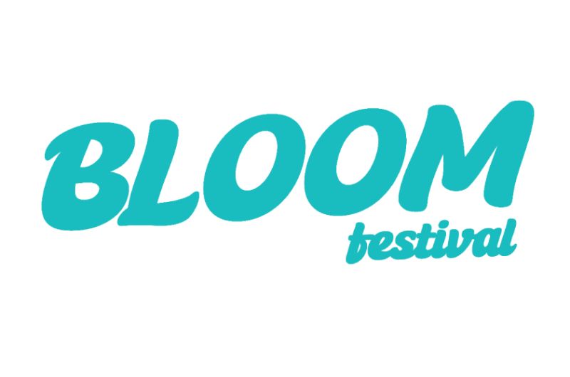 Blue text reads 'BLOOM festival' on a white background.